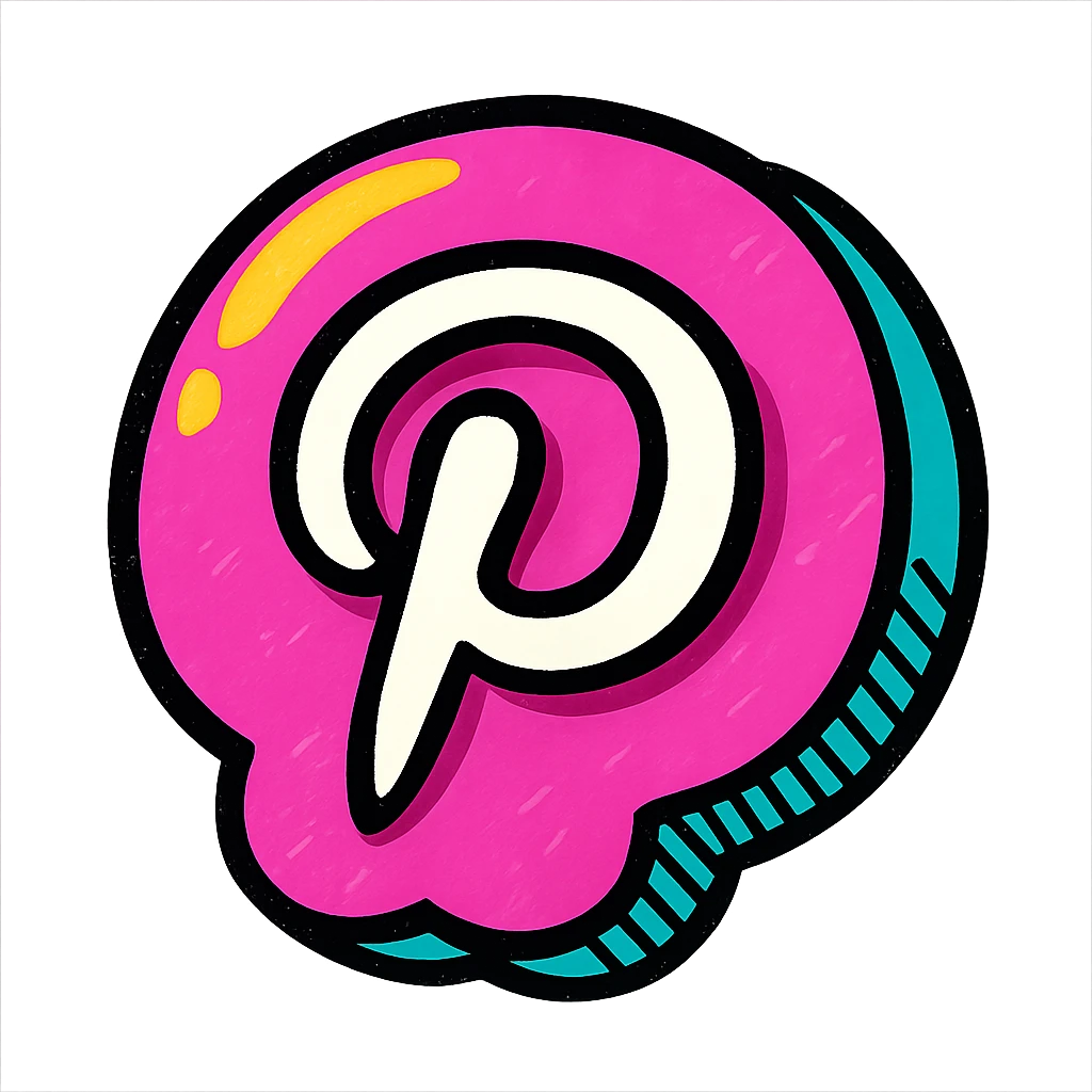 chubby bubbly Pinterest logo with thick black contours, expressive shadows, shiny highlights, soft dimensional look emoji