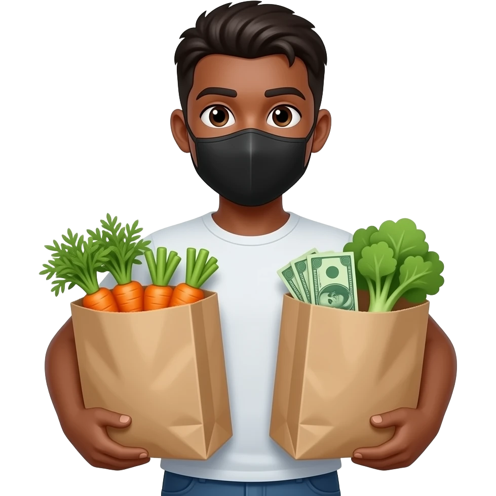 Tan black young man holding grocery bags full of carrots and money wearing a black face mask emoji