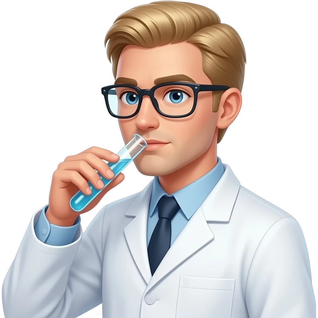 clean shaven blonde male scientist with hair down his back drinking from test tube emoji