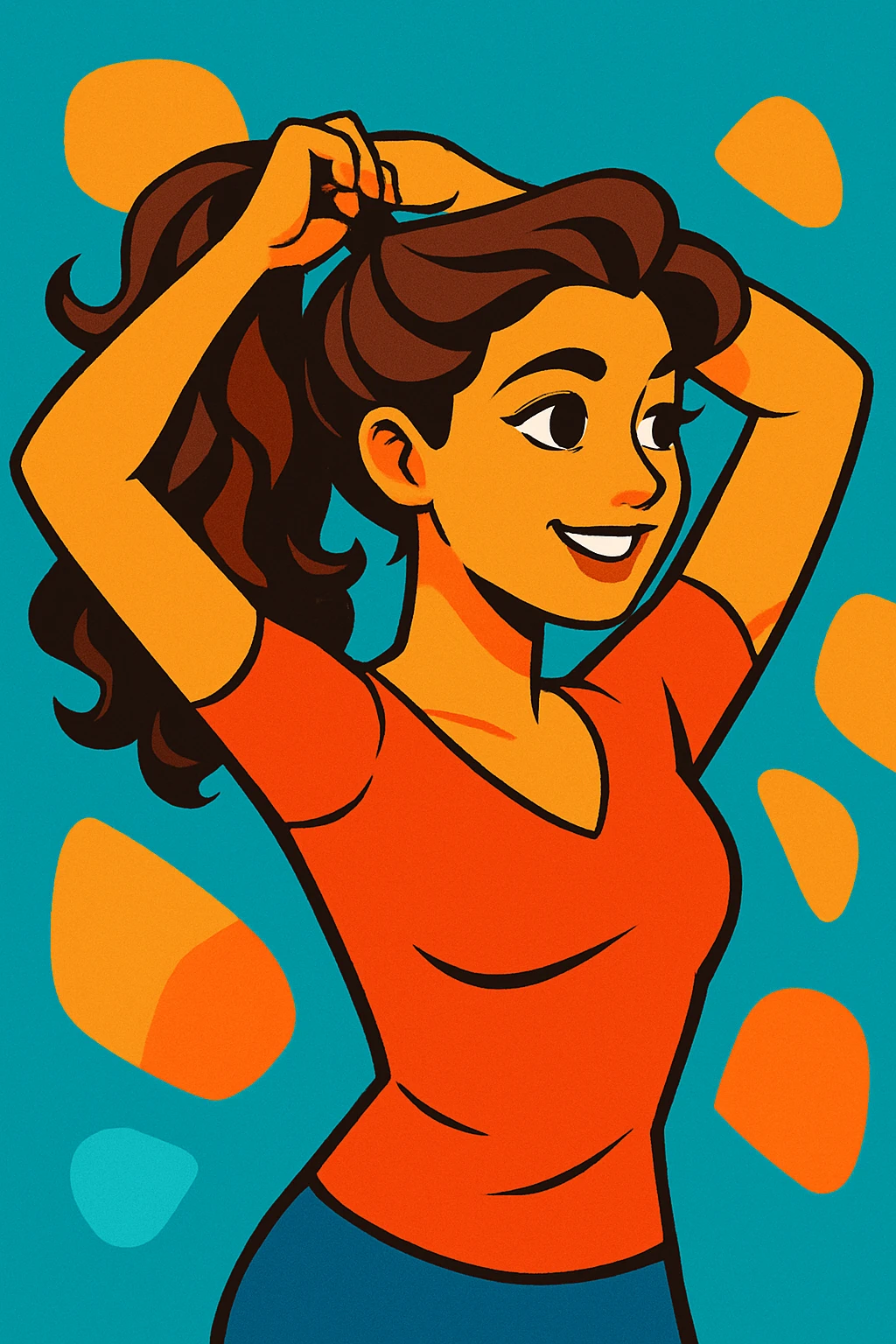 graceful woman with wavy brown hair, tying it into a ponytail, confident and happy, vibrant toon style emoji