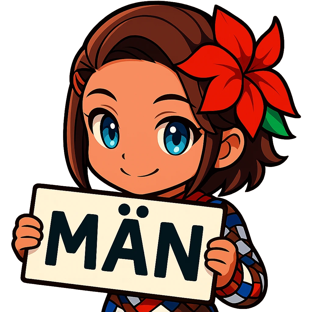 Azucena from Tekken 8 in chibi sticker style, holding a sign that says 'MÄN', cheerful expression, designed for Twitch emote use emoji