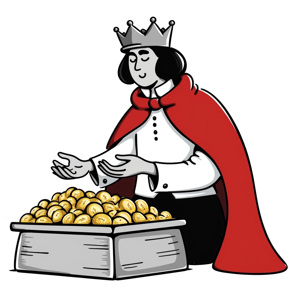 Fantasy merchant king with red cape and crown, counting gold coins, DnD style character emoji