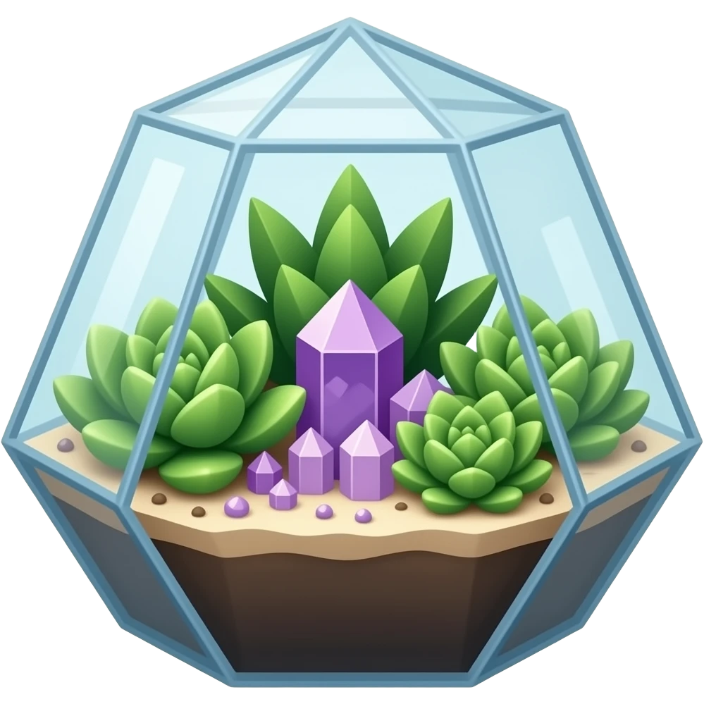 Mini succulents geometrical terrarium with small amethyst cluster inside emoji