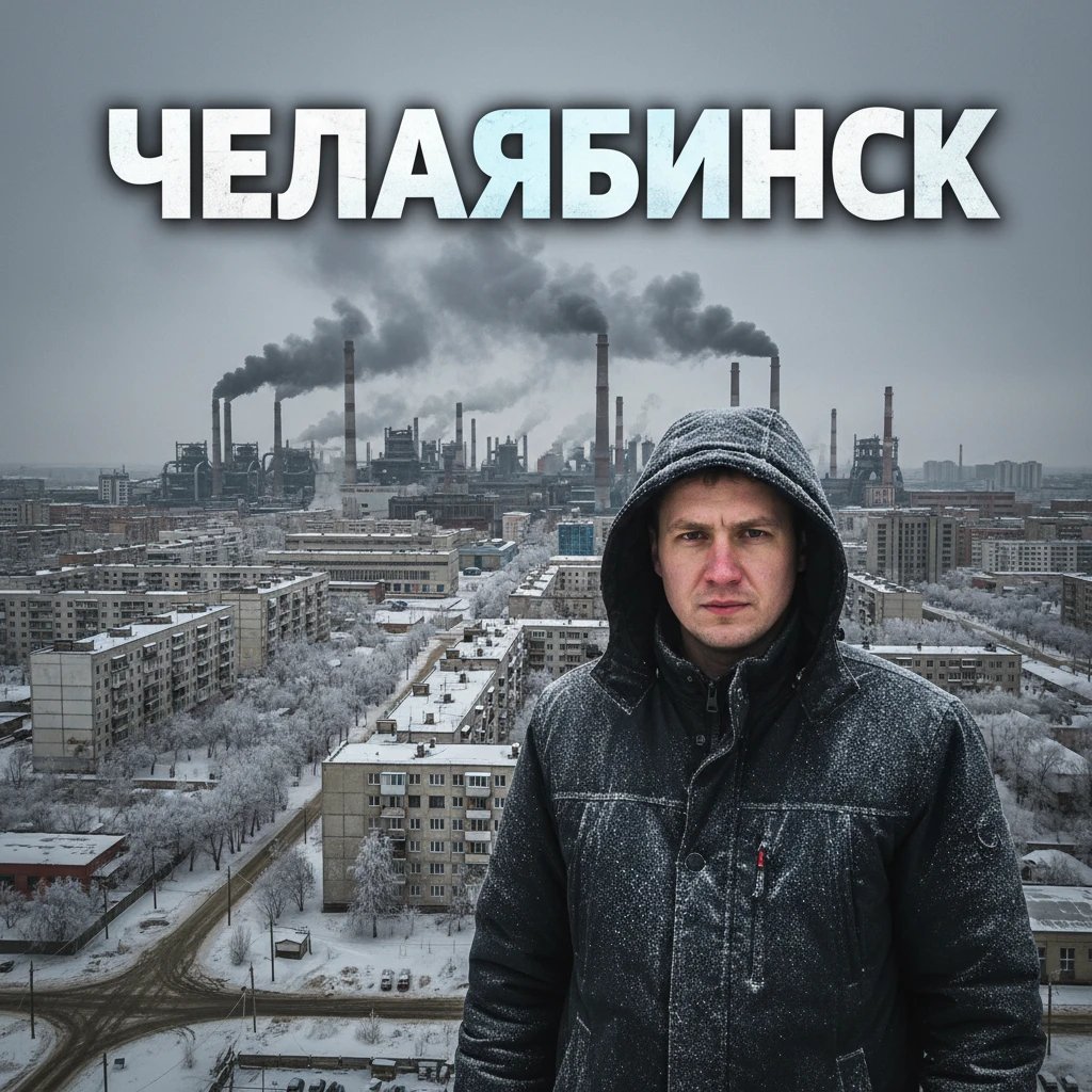 Сгенерируй мне такое же превью, с этим человеком, только чтобы было написанно ЧЕЛЯБИНСК, и на фоне всё связанное с челябинском, много заводов, депресивные панельные дома СССР и холод emoji