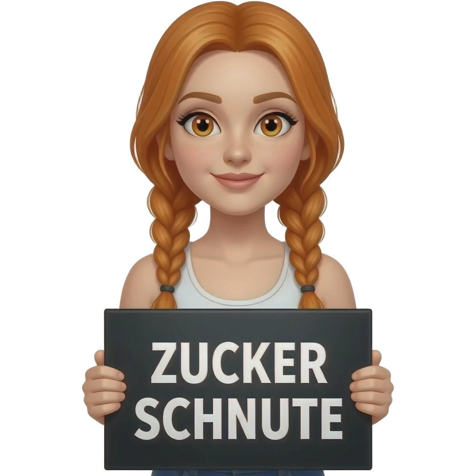sexy girl with long ginger braids and ginger eyes wearing a white tanktop is holding a black sign with ZUCKER SCHNUTE written on it emoji