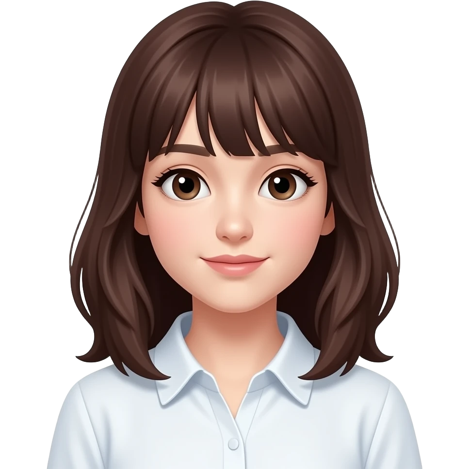 Искам emoji да е момиче с леко дълга коса тъмно кестенява и с бритон, също да и се вижда леко тялото с няква блуза emoji