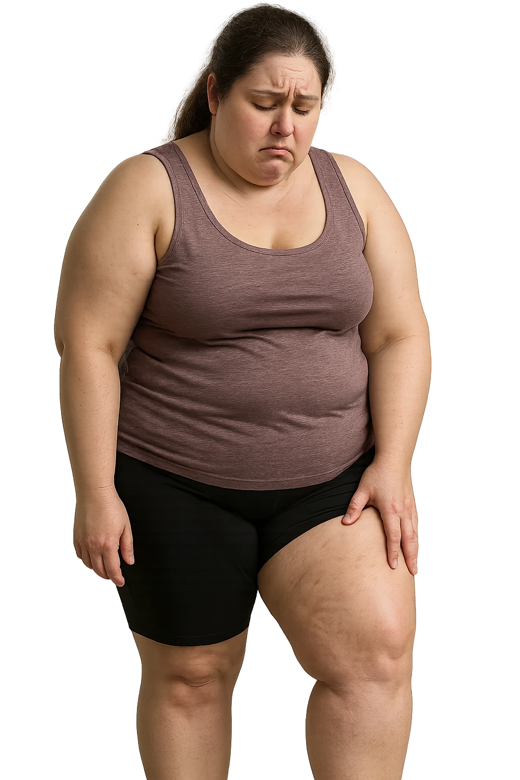 donna grassa che si tocca la coscia con espressione triste, IPERREALISTICA 4K emoji