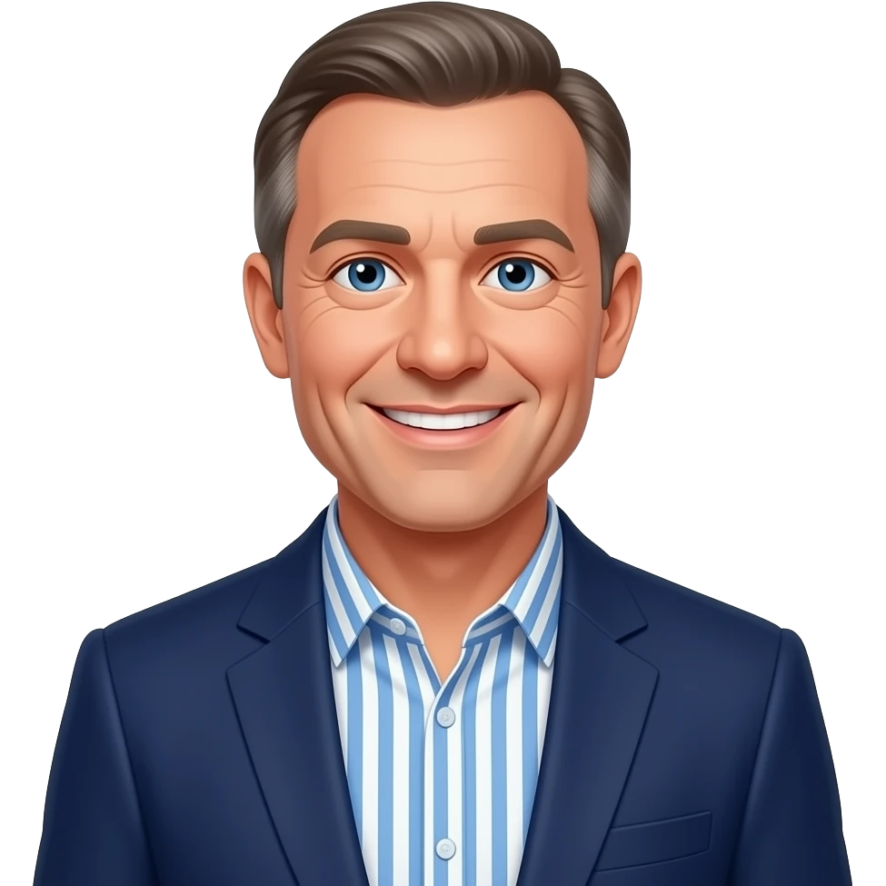 DJR - man, friendly smile, mid 70's, receding hair, blue eyes, slim face, blue and white vertical striped button up shirt, dark blue blazer emoji