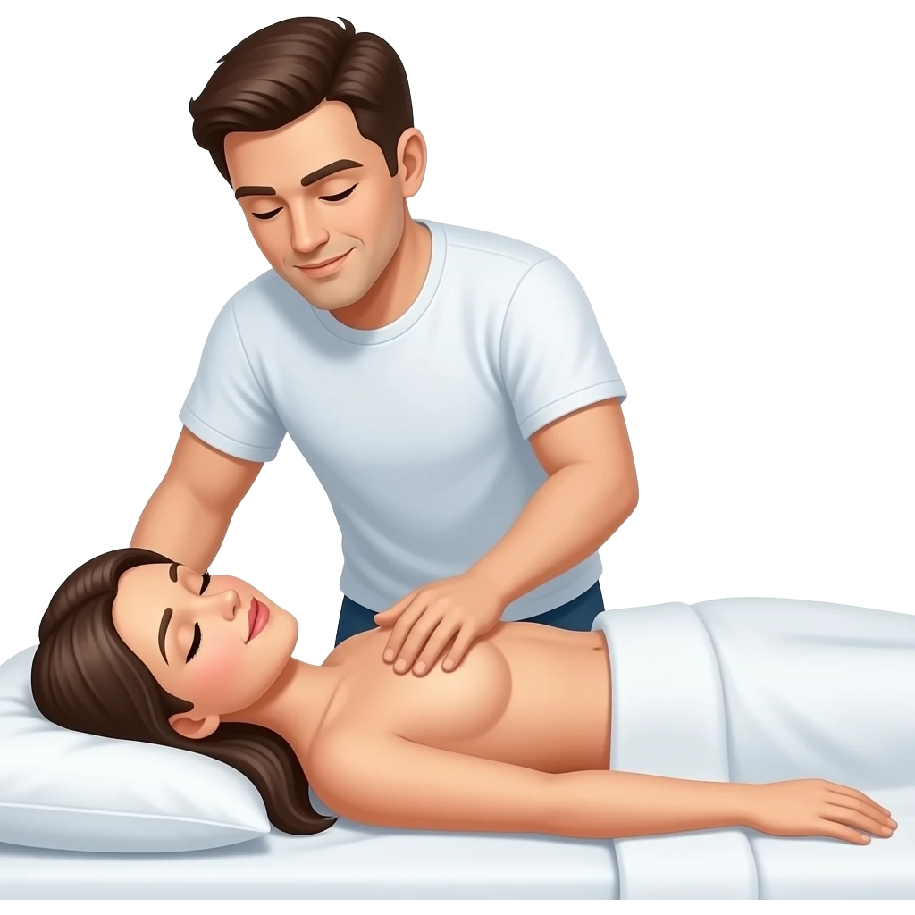 man massaging a naked woman laying on her back on a bed emoji
