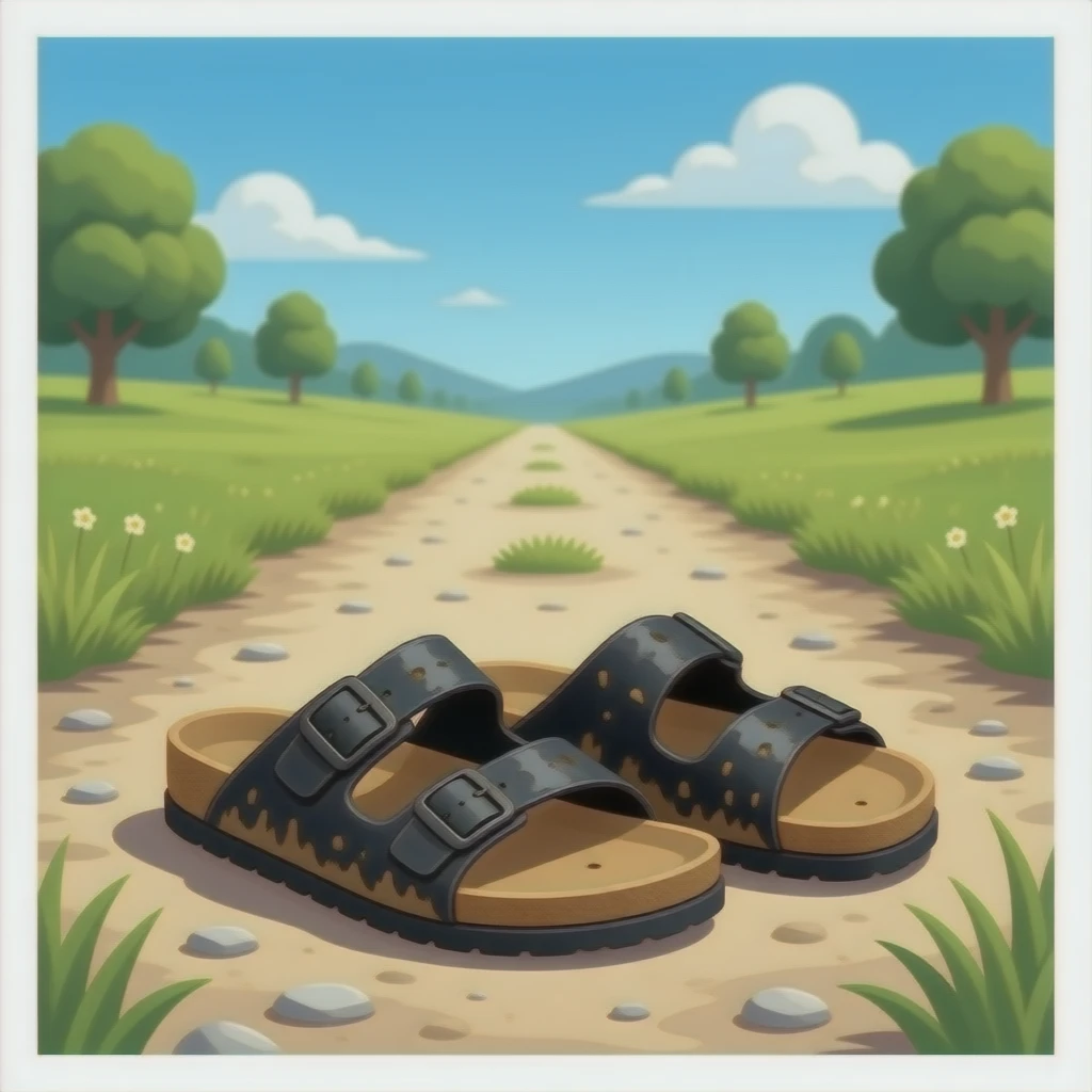 Muddy black Birkenstocks on a walking trail emoji