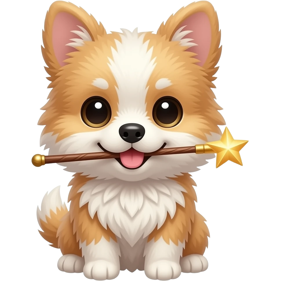 Very small fluffy cutty dog, for profile, look front, mouth holding magic stick emoji