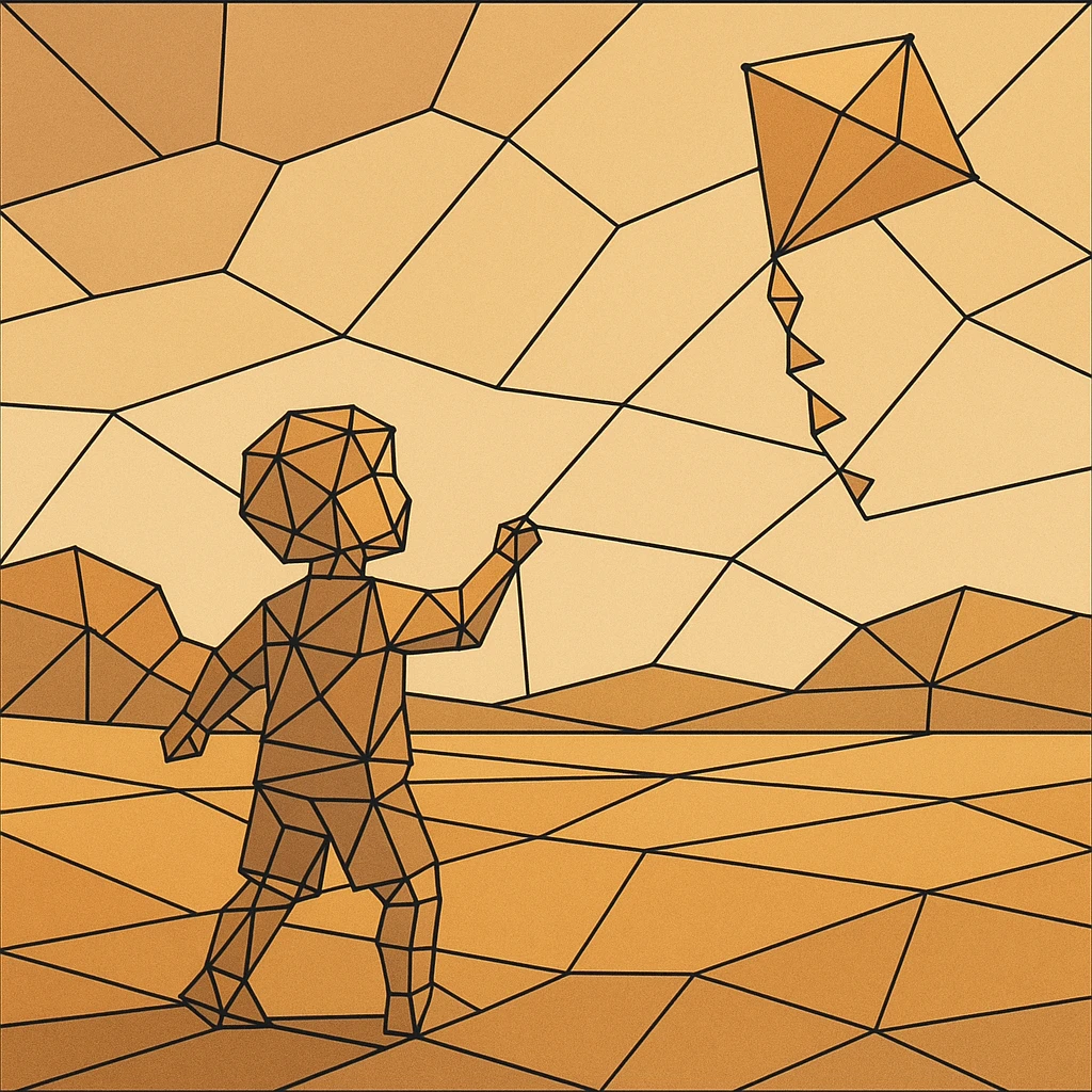 child flying a jagged kite in a blocky field. emoji