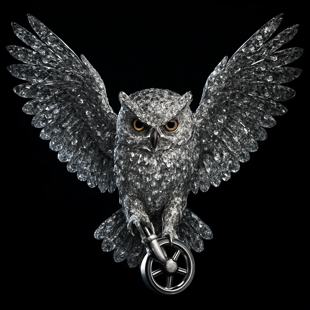 A majestic owl made of sparkling diamonds, crystalline texture, wings fully spread as if landing to catch prey, intense and serious facial expression, piercing beautiful eyes, holding a chair wheel in its claws, ultra detailed, hyper realistic, dramatic lighting, cinematic atmosphere, solid black background, void, nothingness, 8k, high contrast, sharp focus emoji