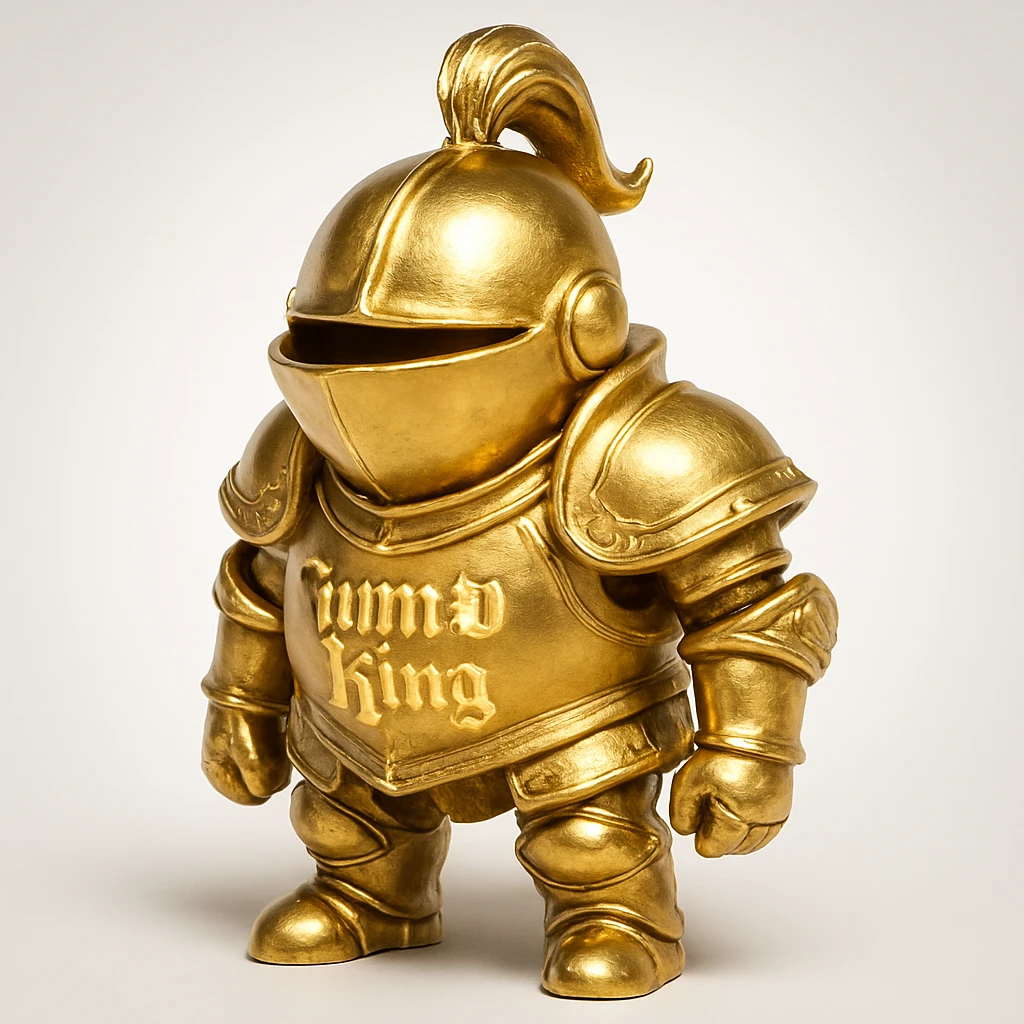 Jump King in gold armor, with the words 'Jump King' in a dramatic font, glowing effect emoji