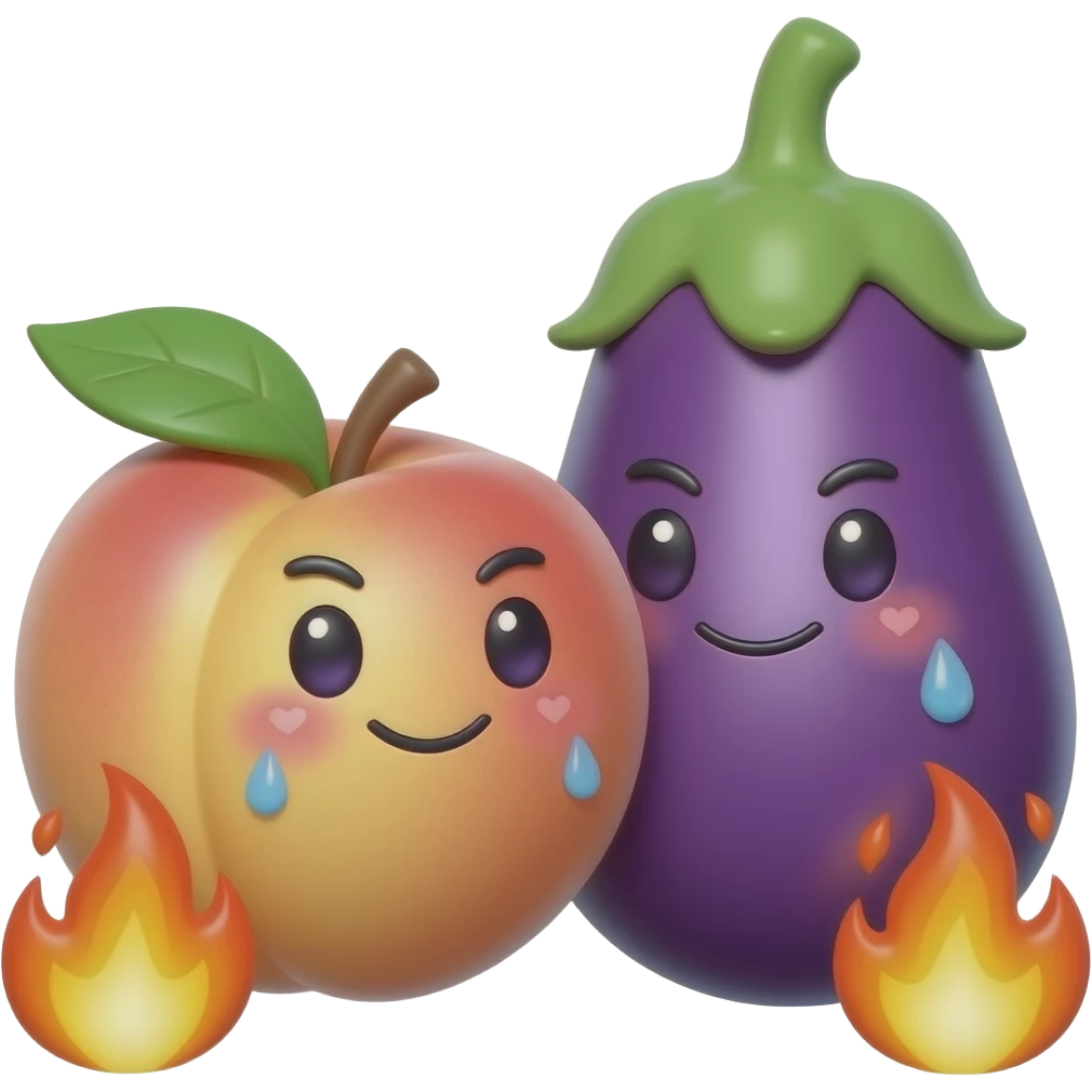 A glossy 3D peach and eggplant emoji duo in a playful forbidden-fruit scene, very close together, mischievous expressions, blushing cheeks, sweat drops, tiny hearts and flames, dirty-minded emoji humor, suggestive but non-explicit, clean transparent background, soft shadow, high quality emoji