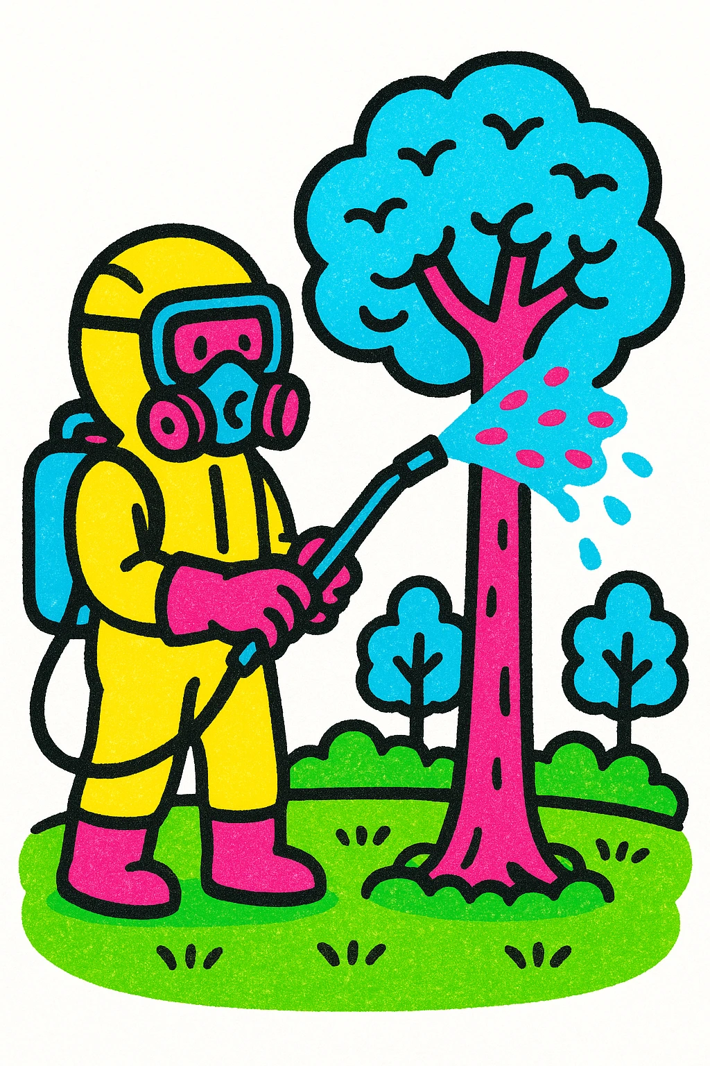 A gardener in protective suit and mask spraying a tree with a sprayer, performing chemical pest control. Bright green garden with trees, visible spray droplets, atmosphere of professional plant protection and garden care emoji