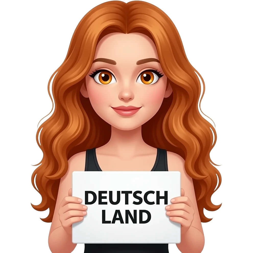 sexy girl with long wavy ginger hair and ginger eyes wearing a black tanktop is holding a white colored sign with DEUTSCH LAND written on it emoji