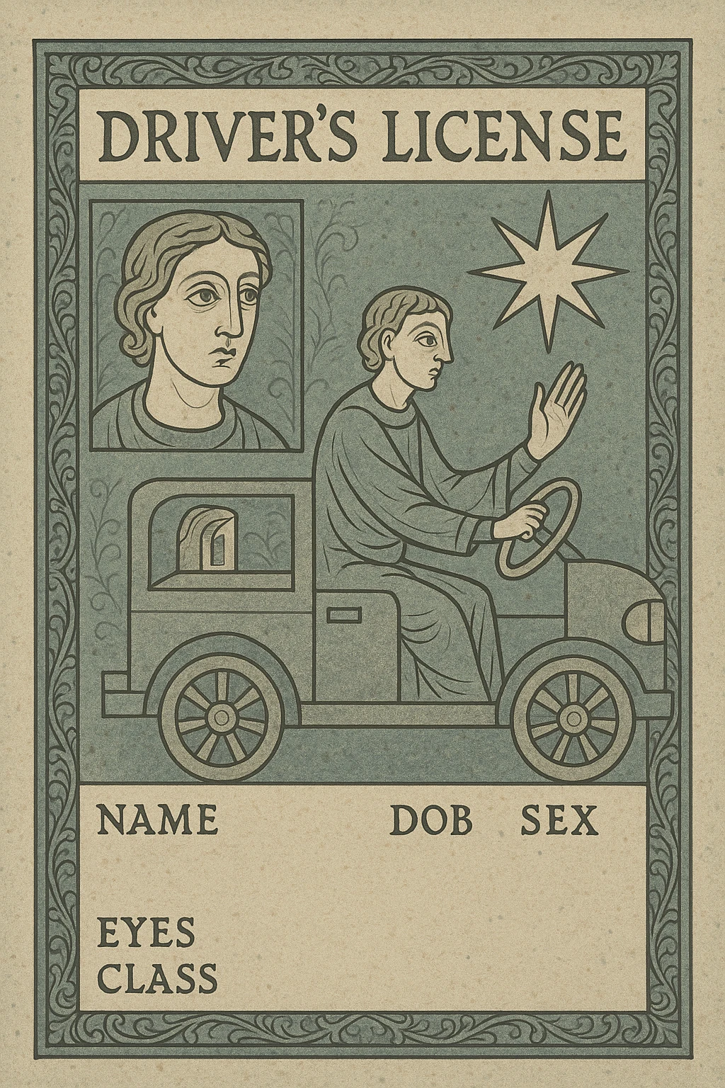 A vintage-style driver's license with a sepia tone and classic design elements. emoji