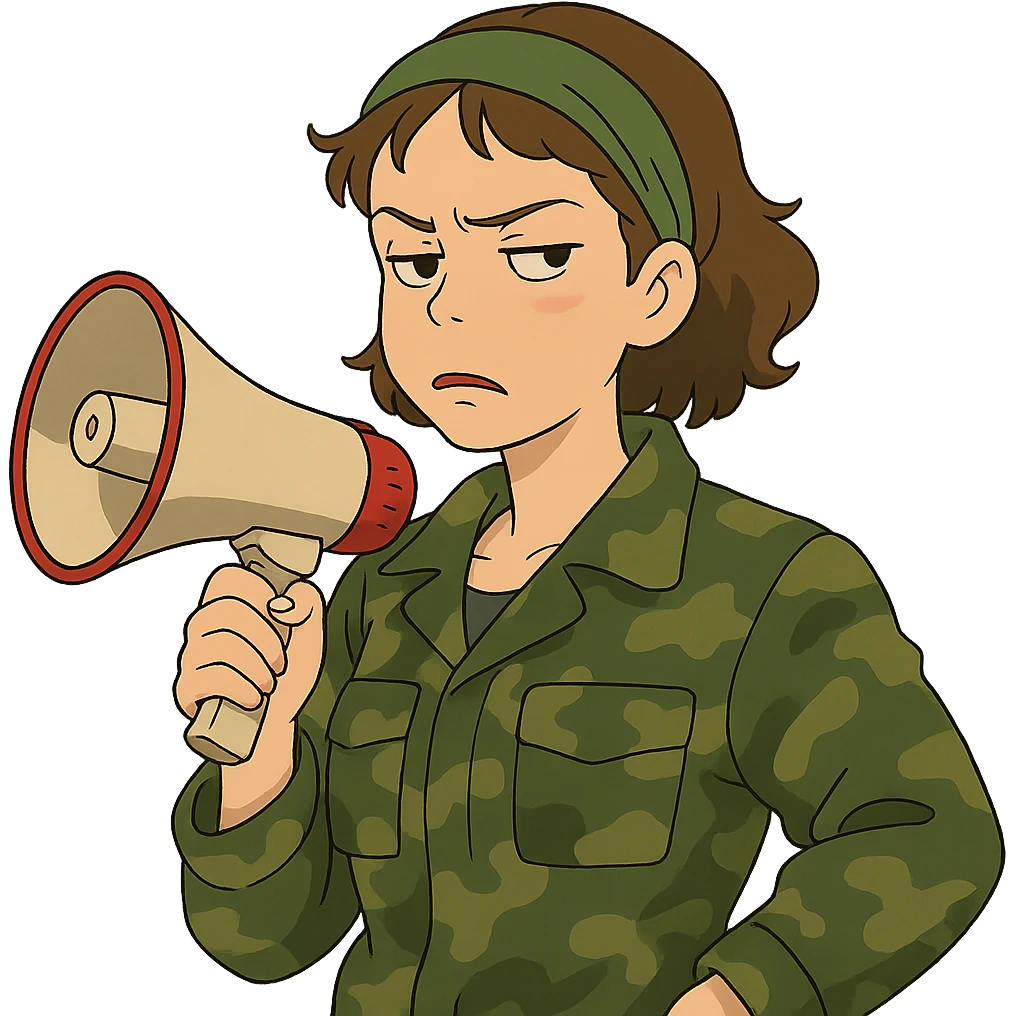 ghibli style woman with green headband, camo jacket, holding a megaphone, disdainful expression emoji