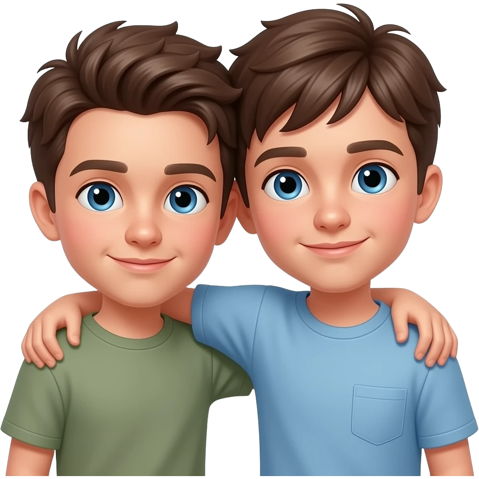 Erstelle ein Emoji von zwei Brüder, der eine um die 20 und der andere um die 24, der älter Bruder legt sein Arm über sein jüngeren und der jüngere legt auch sein Arm um sein Bruder und beide legen die Köpfe aneinander. Beide haben blaue Augen emoji