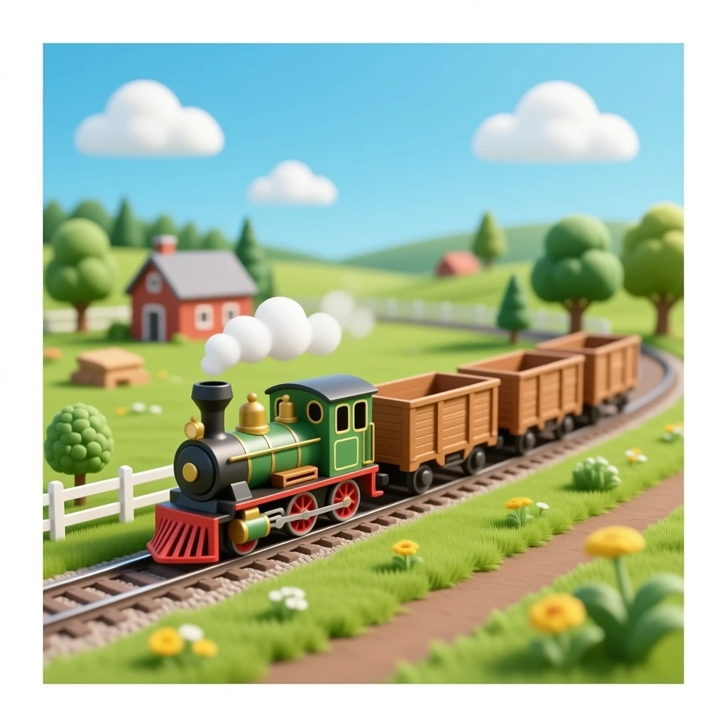Realistic toy train pulling wagons in a miniature farm emoji