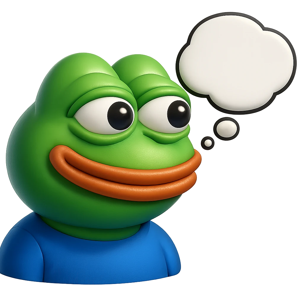 make a pepe in bright green smiling with thought bubble looking at right side in 3d style, good highlights and shadows, drop shadows emoji