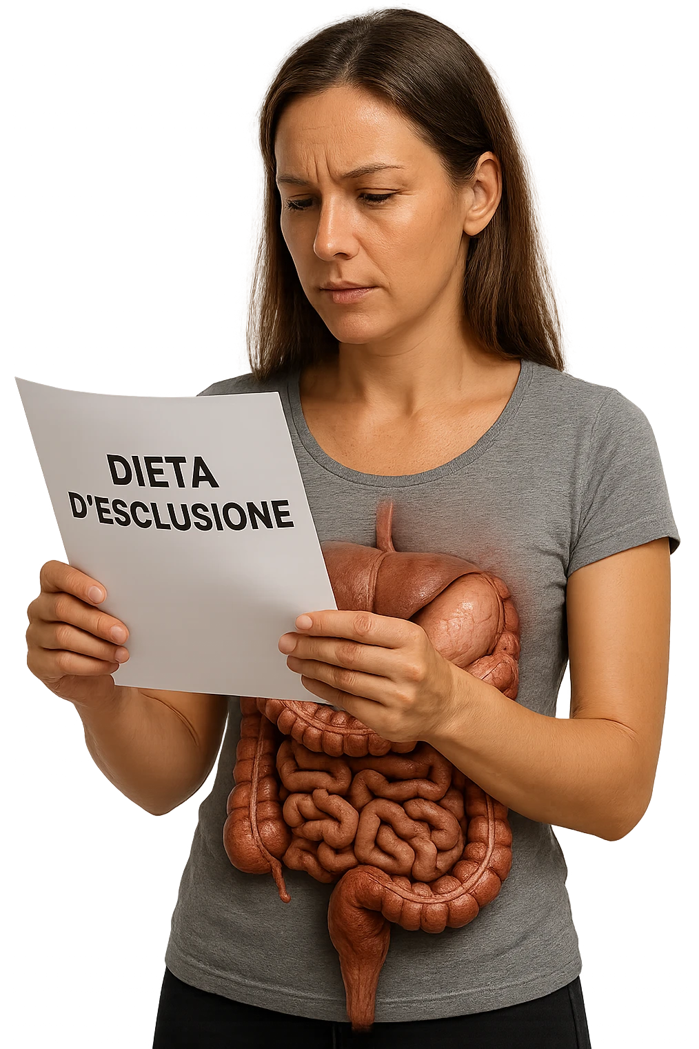 donna con intestino umano anatomico in evidenza che legge un foglio con la scritta "DIETA D'ESCLUSIONE, iperrealistica 4k emoji