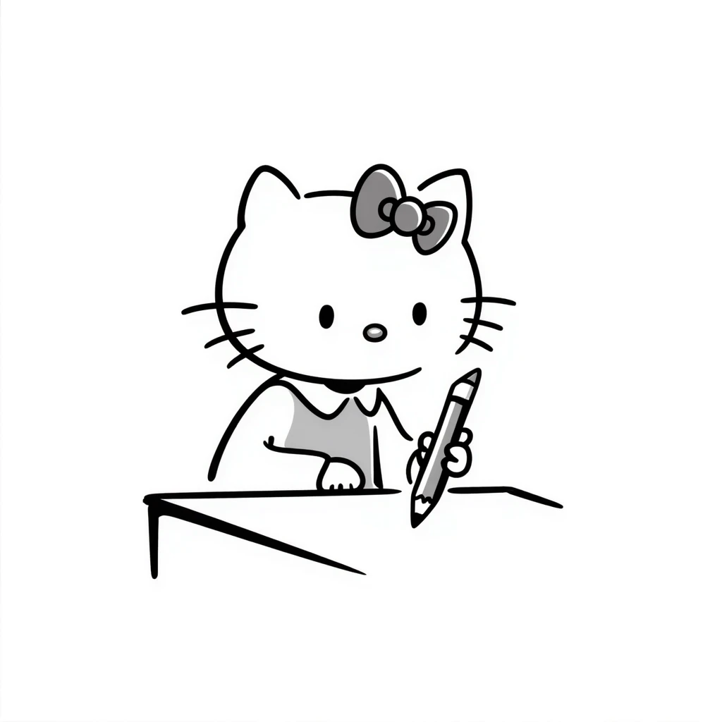 Hello Kitty character writing with a pencil, cute and simple style emoji