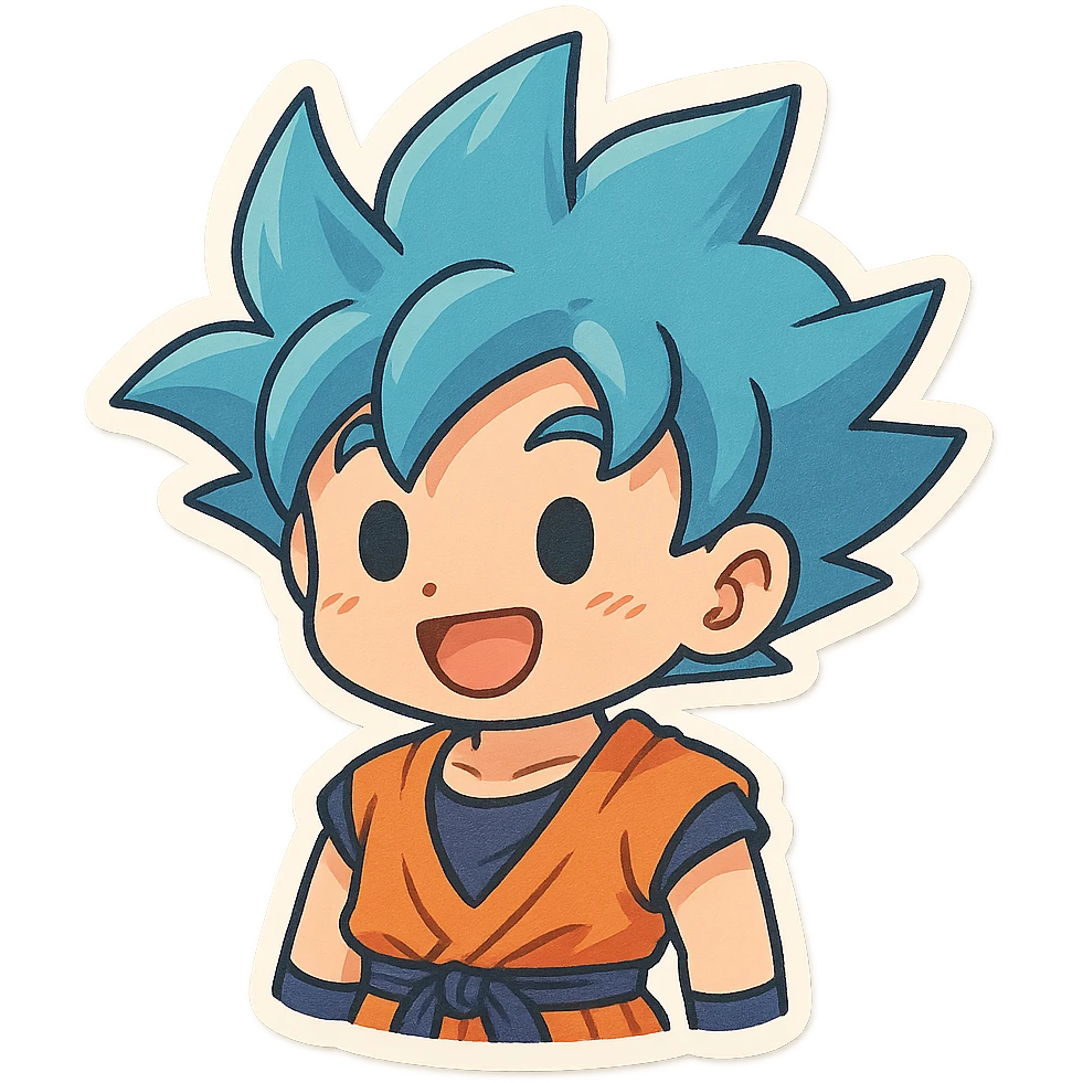 Chibi Goku with blue hair, cheerful face, cute style, simple background emoji