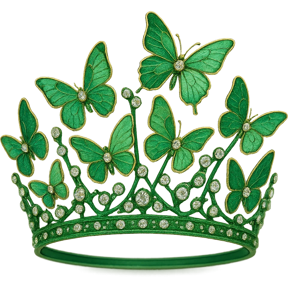butterfly crown with a green base, fewer butterflies in various green enamel shades, sparkling gems emoji