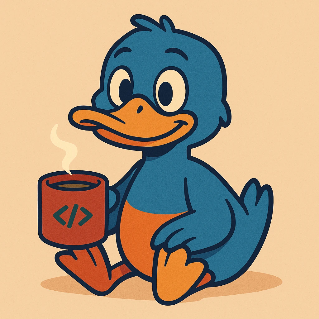 cute friendly duck made of #0090df, #fc9e19, #db8006b, drinking coffee, developer vibe, warm vibe, optional accents #111e72, #00653d, #0f4c2c, #262526, #006ab3b, #ca001e, #1f2827 emoji
