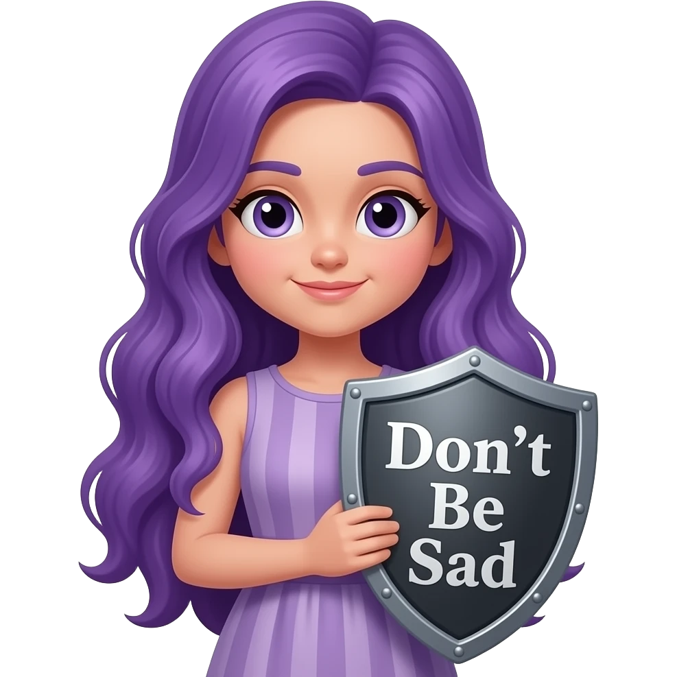 girl with long purple hair with don't be sad shield emoji
