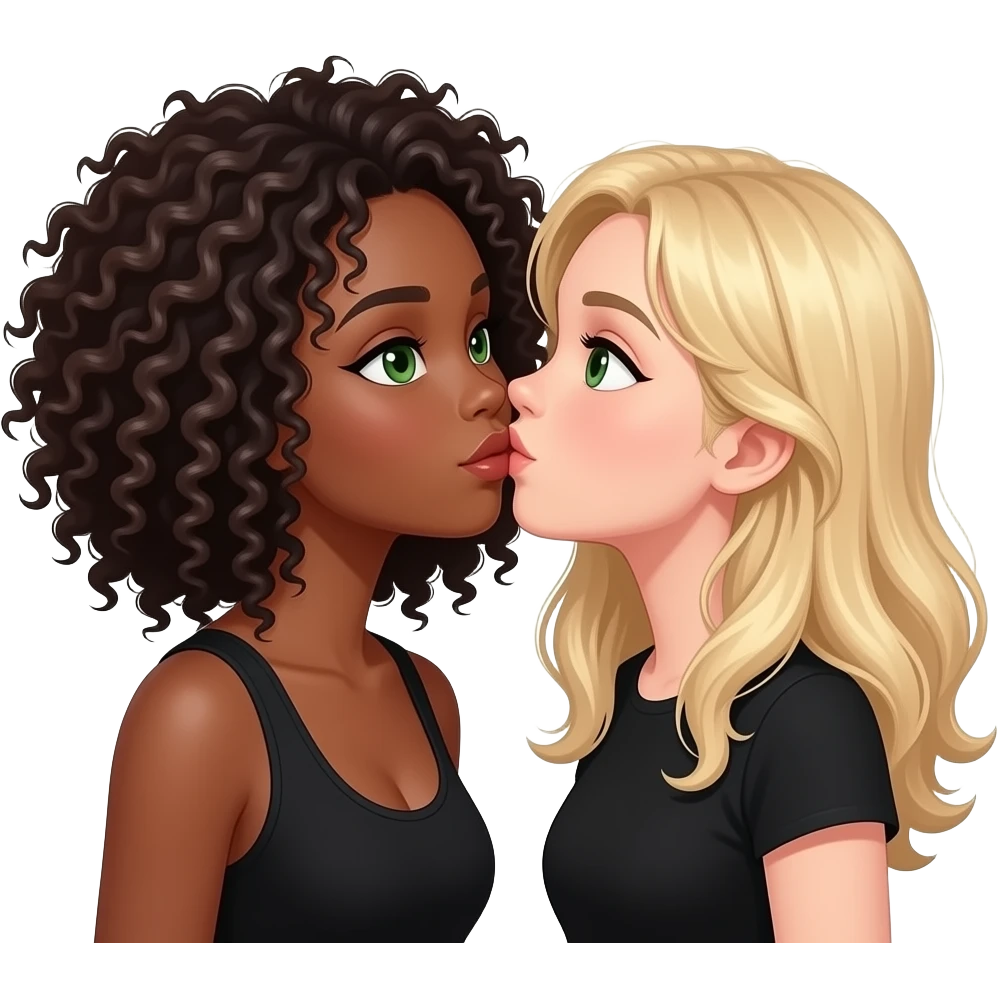 Chica negro da beso a chica rubia con pelo rizado ojos verdes. Van vestidos de negro los dos emoji