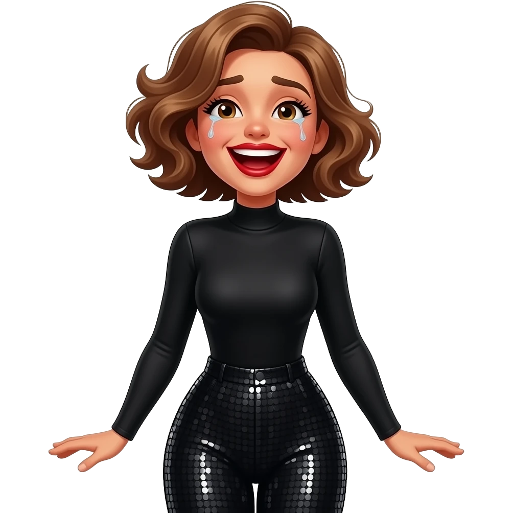 glamours,-tanned,-very-beautiful-woman-with-big-plump-red-lips,-long-long-lashes,-honey-silky-very short- hair,-wavy-hair,-hazel-eyes- wearing-black-Long-sleeved-bodysuit-and-black-sequinned-pants-black-and-laughing-out-loud-with tears-&-throwing head back-waist-up emoji