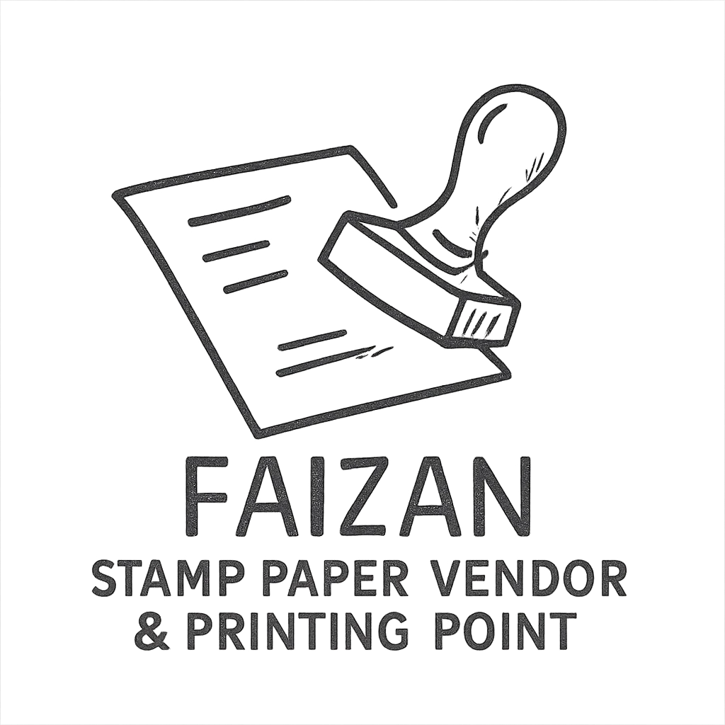 logo for 'Faizan Stamp Paper Vendor & Printing Point', classic rubber stamp and paper illustration, red and black colors, traditional and trustworthy look, clear business name emoji