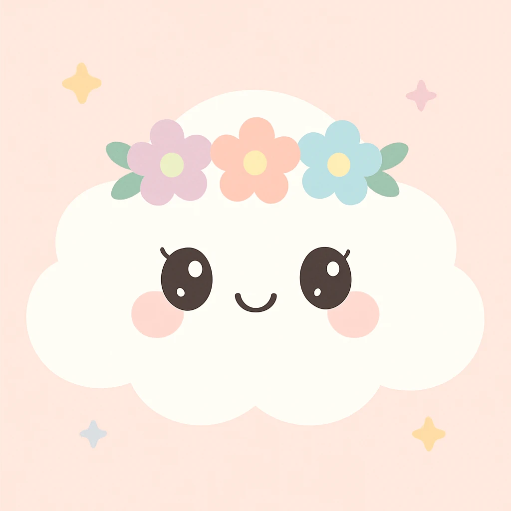 a white cloud with a flower crown and gentle feminine details, cute girly look, pastel colors emoji