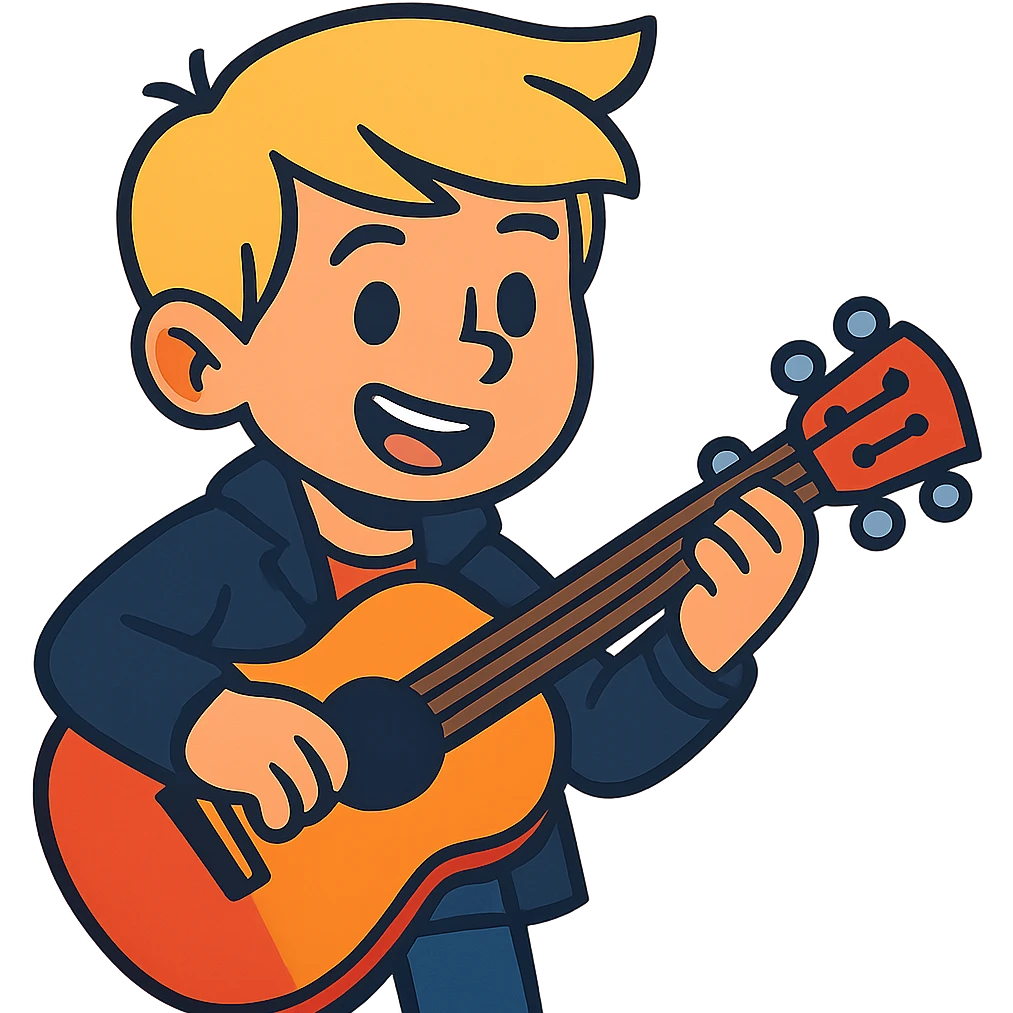 young blonde boy in a black jacket playing a guitar in vibrant toon style emoji