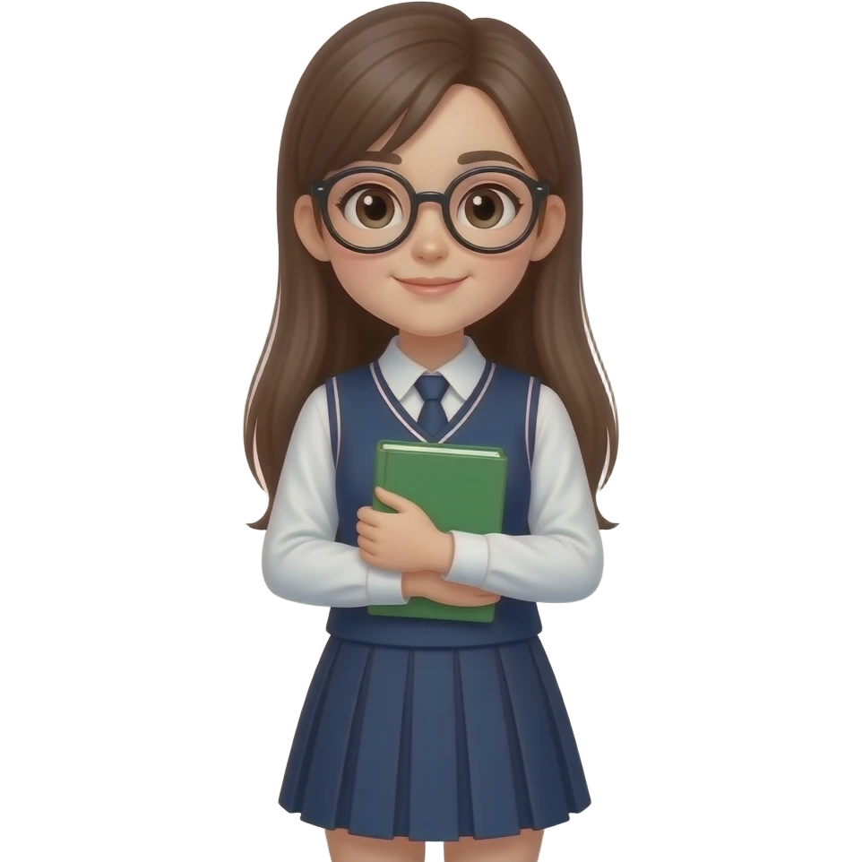 Girl student wearing uniform, glasses, hold green book in front of their chest, brown long straight emoji