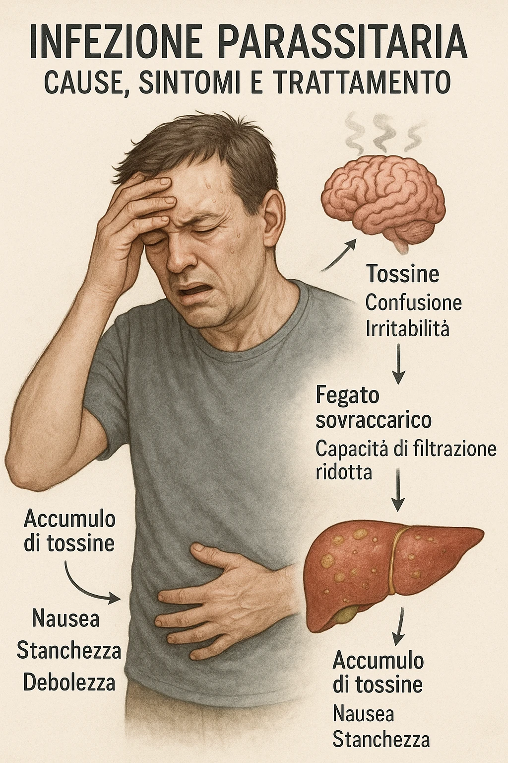 "Man feeling increasingly unwell as his liver fails to filter toxins, nausea, tiredness, and weakness overwhelming him as toxins infiltrate his brain causing confusion and irritability Parasitic Infection: Causes, Symptoms & Treatment, expression of mental fog and physical exhaustion, liver shown as overworked organ with reduced filtration capacity, toxic buildup affecting entire body systems" in italiano emoji
