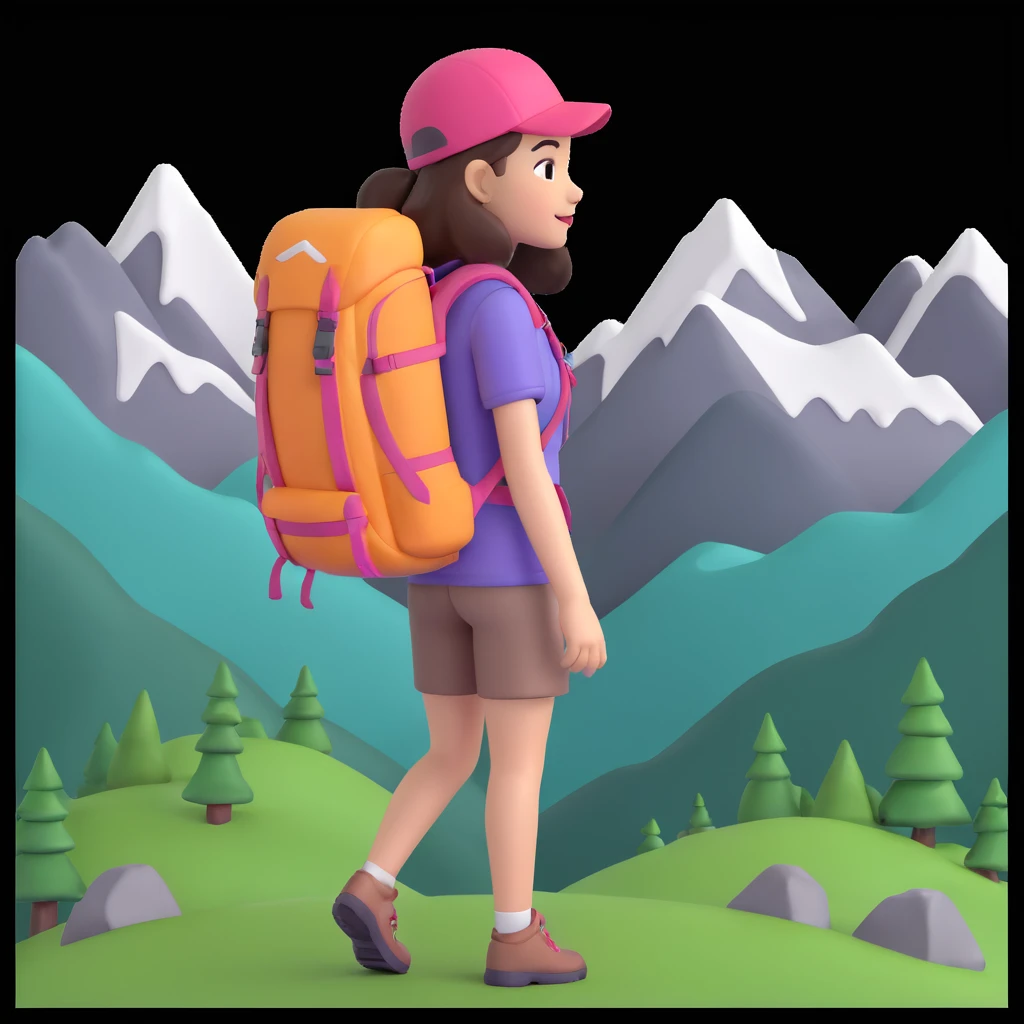 portrait of girl back packing mountains in background, close up pose emoji