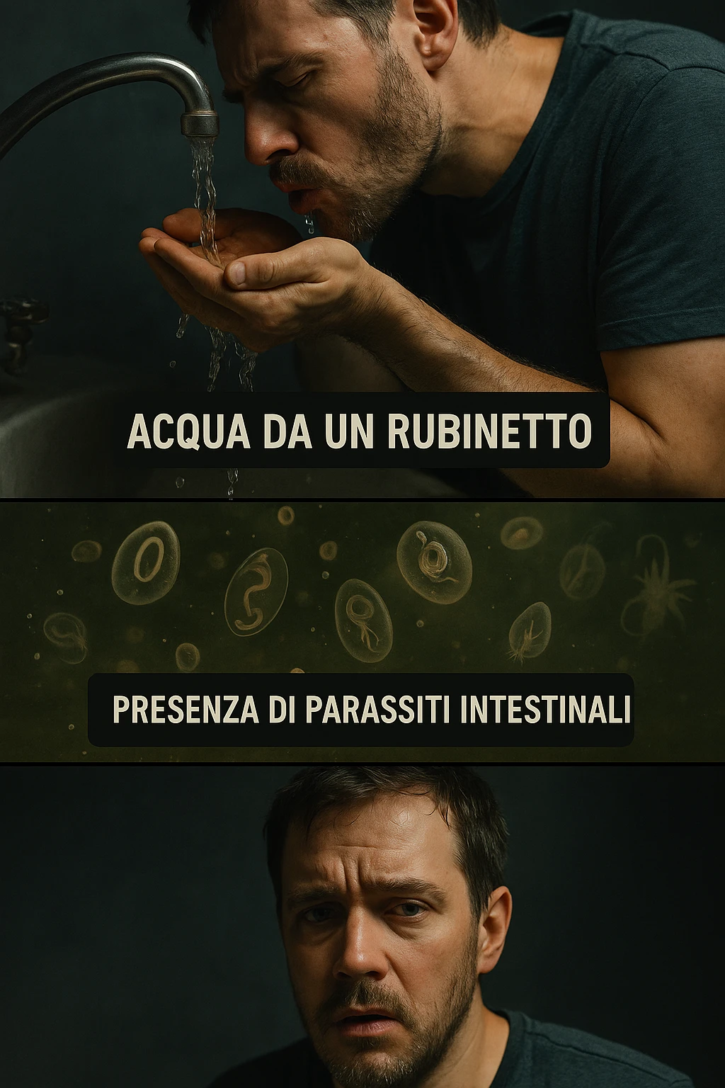 vertical realistic cinematic image of a man drinking water from a faucet, transition showing presence of intestinal parasites in the water and early symptoms of illness, clinical dramatic lighting, Italian captions, aspect ratio 2:3 emoji