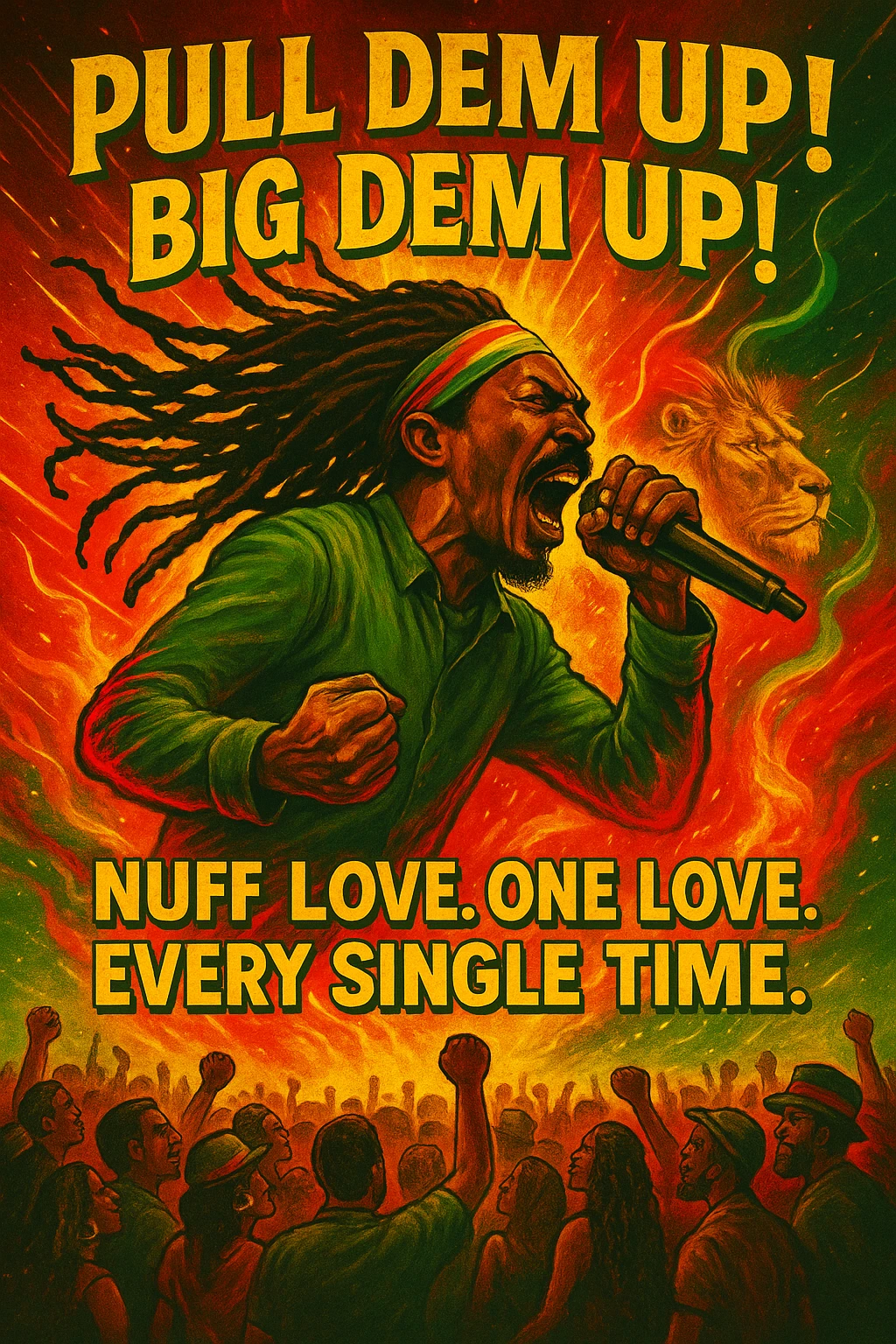 A vibrant reggae-inspired poster scene featuring Anthony B in full performance energy — dreadlocks flying, mic in hand, mid shout, pulling up the riddim. The background is a glowing fusion of red, gold, and green flames with lion imagery and subtle cosmic light trails. Around him, the words “Pull Dem Up! Big Dem Up!” explode like soundwaves. Below, a crowd of diverse viewers is shown. In bold text across the bottom: “Nuff Love. One Love. Every Single Time.” emoji