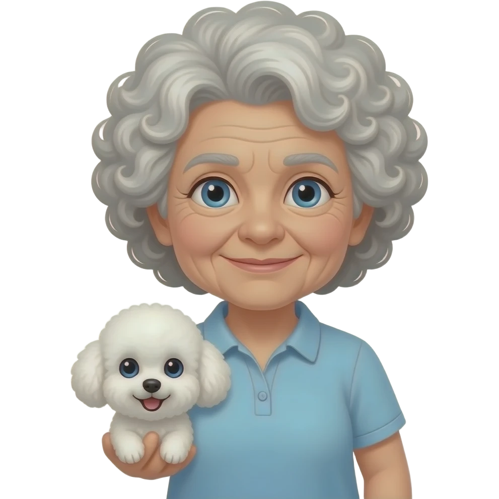 Elder woman curly hair blue eyes having a  white Maltipoo emoji