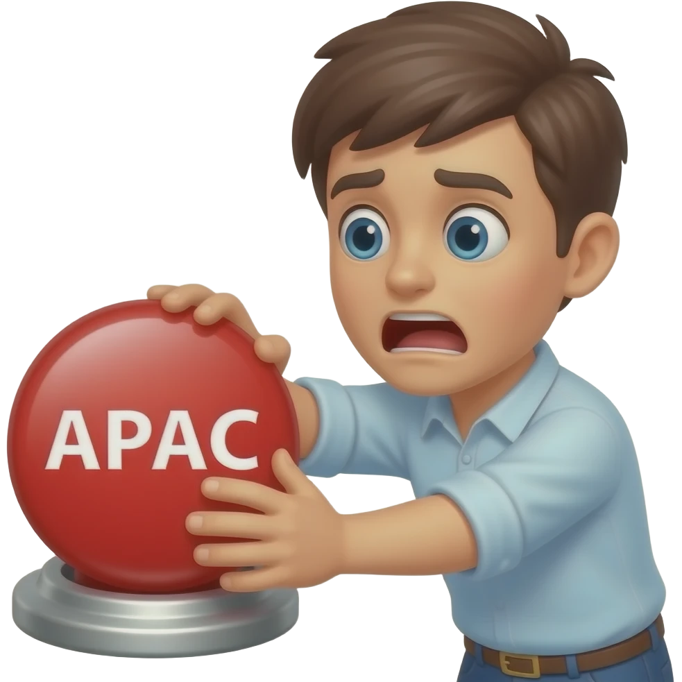 Slack emoji, cartoon style, person urgently pressing a large red help button labeled "APAC", panicked expression, white background, simple flat design, high contrast, bold outlines emoji
