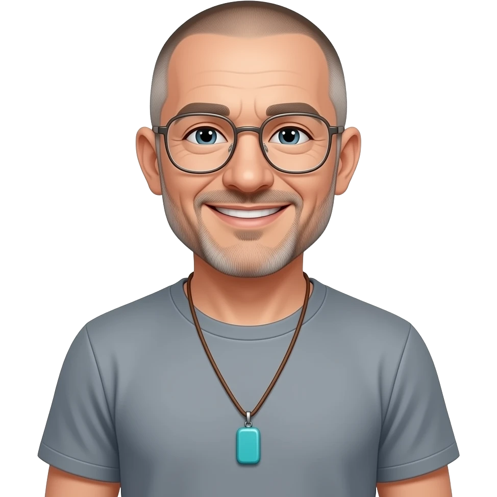 smile pointed chin, small mouth shaved face pendant without a clasp Turquoise on brown paracord t shirt shaved short hair full-length photo of extreme streetwear clean-shaven face cool boy thin metal-framed glasses ery entellectual man, 60 years old, street wear stubble, shaved short with clippers emoji