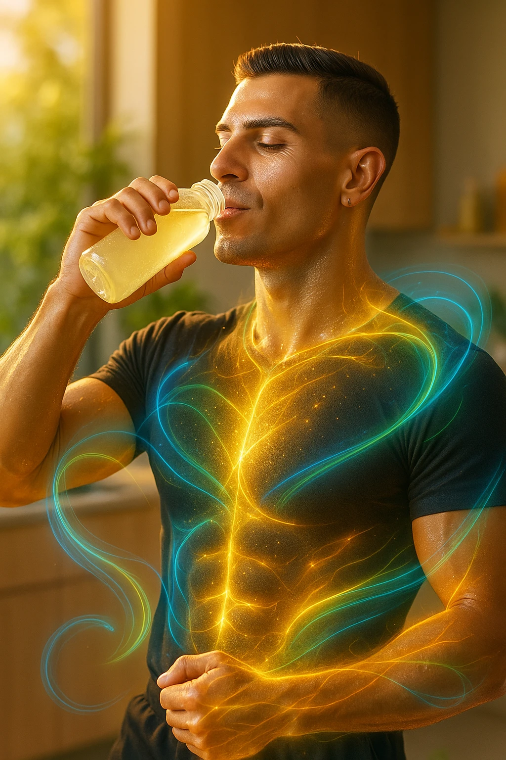 Athletic man around 30 years old, early morning, drinking a transparent electrolyte-rich beverage from a bottle. Body illuminated by natural golden light, with a light energetic aura around muscles symbolizing regeneration and recovery. Relaxed and vital expression, hydrated and glowing skin. Around him, light and colorful flows (blue, green, orange) represent electrolyte balance: sodium, potassium, magnesium. Natural environment or modern minimalist kitchen. Positive, clean, and invigorating atmosphere. Vertical 9:16 format. Inspired by the face in the reference photo. emoji
