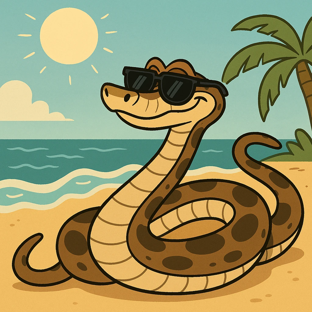 Kaa the snake from The Jungle Book relaxing on a sunny beach, wearing sunglasses, cartoon style emoji