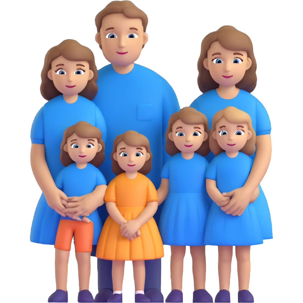 Family with mother, father and three little girls, everyone has light brown hair and blue eyes emoji