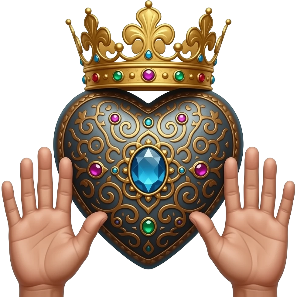 two dirty hands touch with their fingers (fingers are facing down and palms are facing up)  a rusty heart richly ornamented with arabesques and studded with precious stones with a richly decorated royal crown, dramatic lighting - backlight emoji