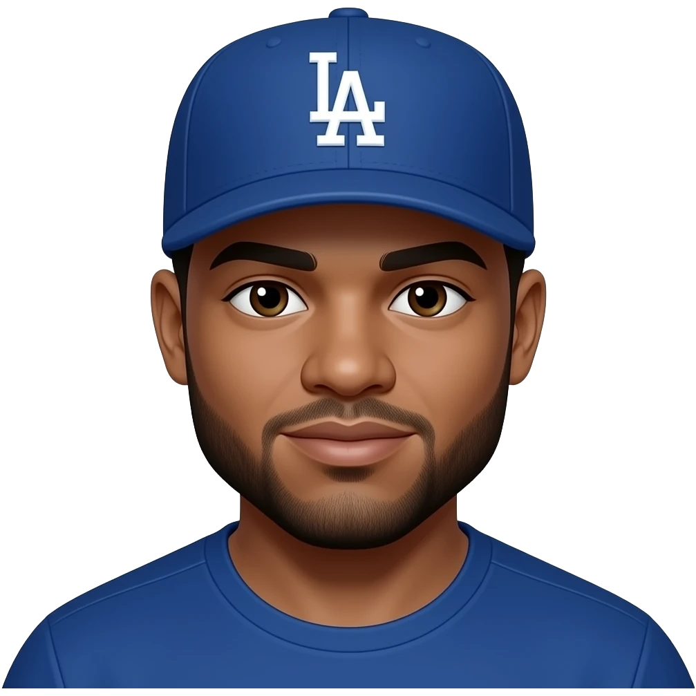 African American light skin man with lighty shaved black beard with slightly chuby face wearing a blue Los Angeles Dodgers logo baseball cap emoji